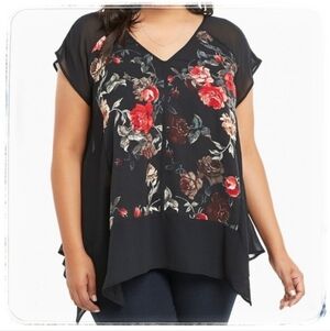 Torrid Women's Size 3X Floral Print Chiffon Blouse Semi Sheer Artsy Sharkbite